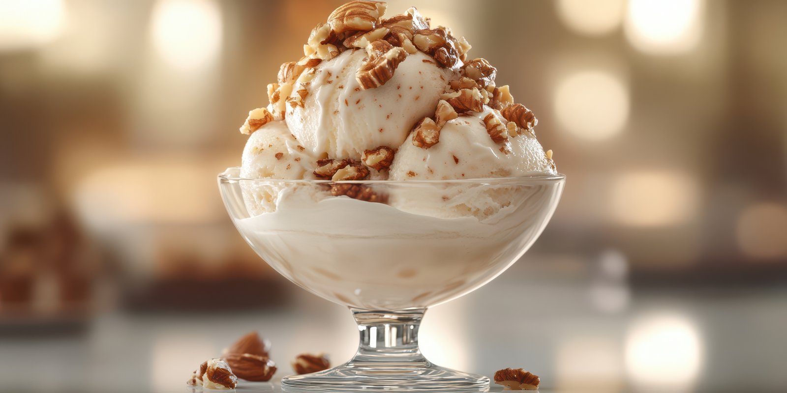 Delicious creamy ice cream topped with crunchy nuts served in a clear glass bowl at a bright cafe